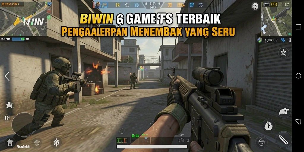 Screenshot gameplay BIWIN dengan aksi menembak yang seru dan dinamis.