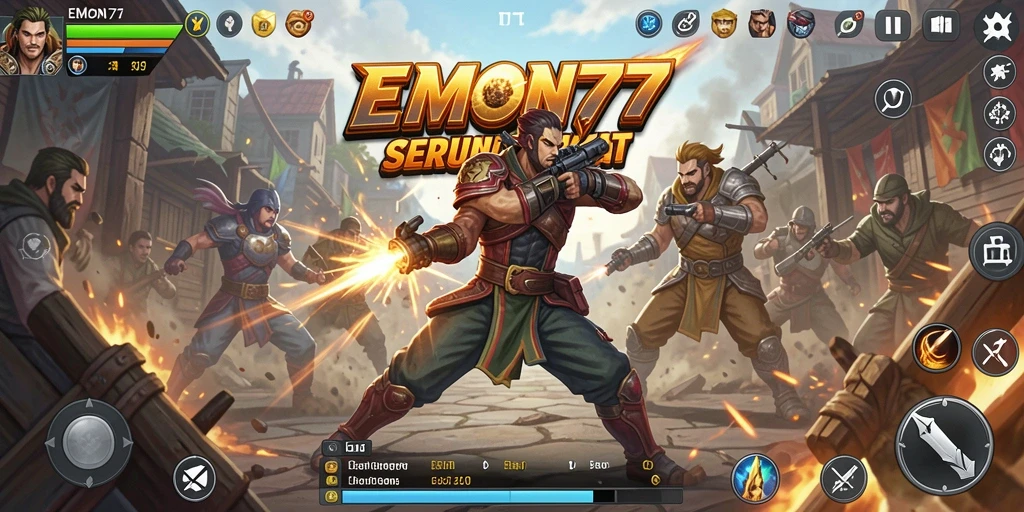Screenshot gameplay EMON77 menampilkan aksi pertarungan yang seru.
