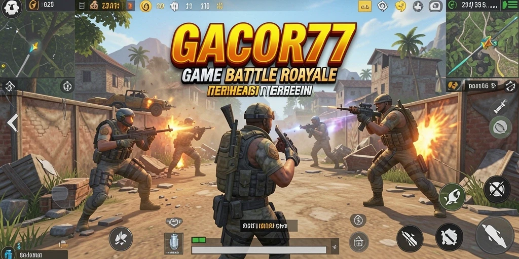 Tampilan gameplay <strong>GACOR77</strong> yang mendebarkan dalam pertempuran Battle Royale.