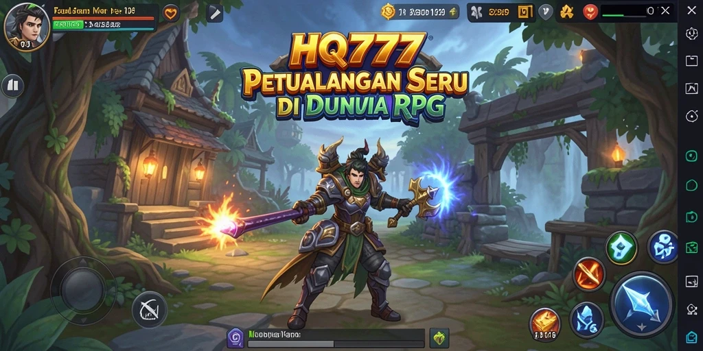 Screenshot gameplay HQ777 menampilkan pertempuran epik dalam lingkungan RPG.