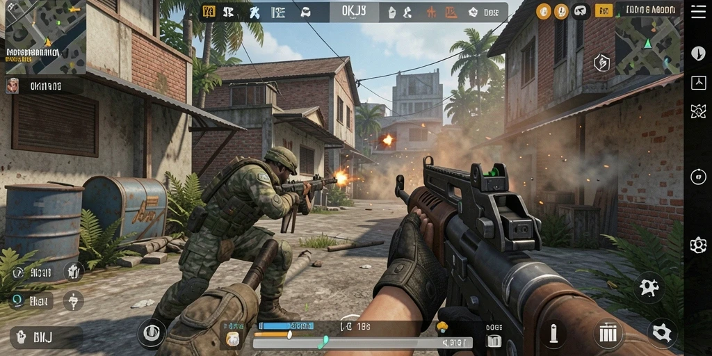 Tampilan gameplay menembak menegangkan di OKJK dengan aksi yang seru.
