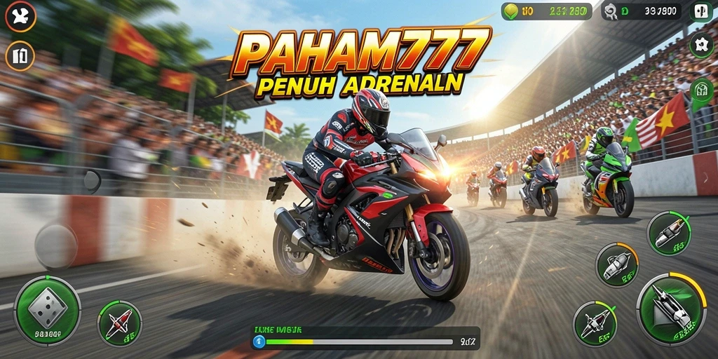 Tampilan gameplay mendebarkan dari PAHAM777 dengan balapan motor yang intens.