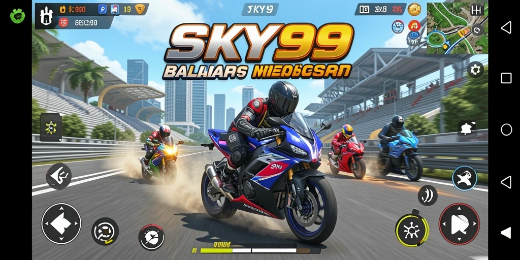 Tangkapan layar <strong>SKY99</strong> menampilkan momen mendebarkan dalam balapan motor.