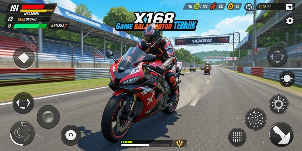 Tampilan gameplay <strong>X168</strong> yang mendebarkan dengan aksi balap motor.