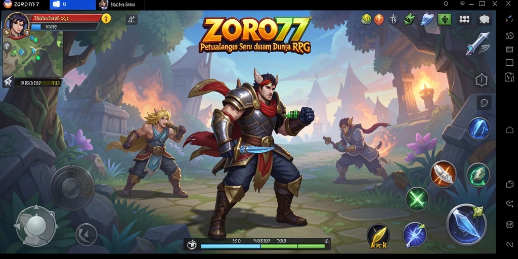 Screenshot gameplay ZORO77 menampilkan pertarungan epik antar karakter RPG.